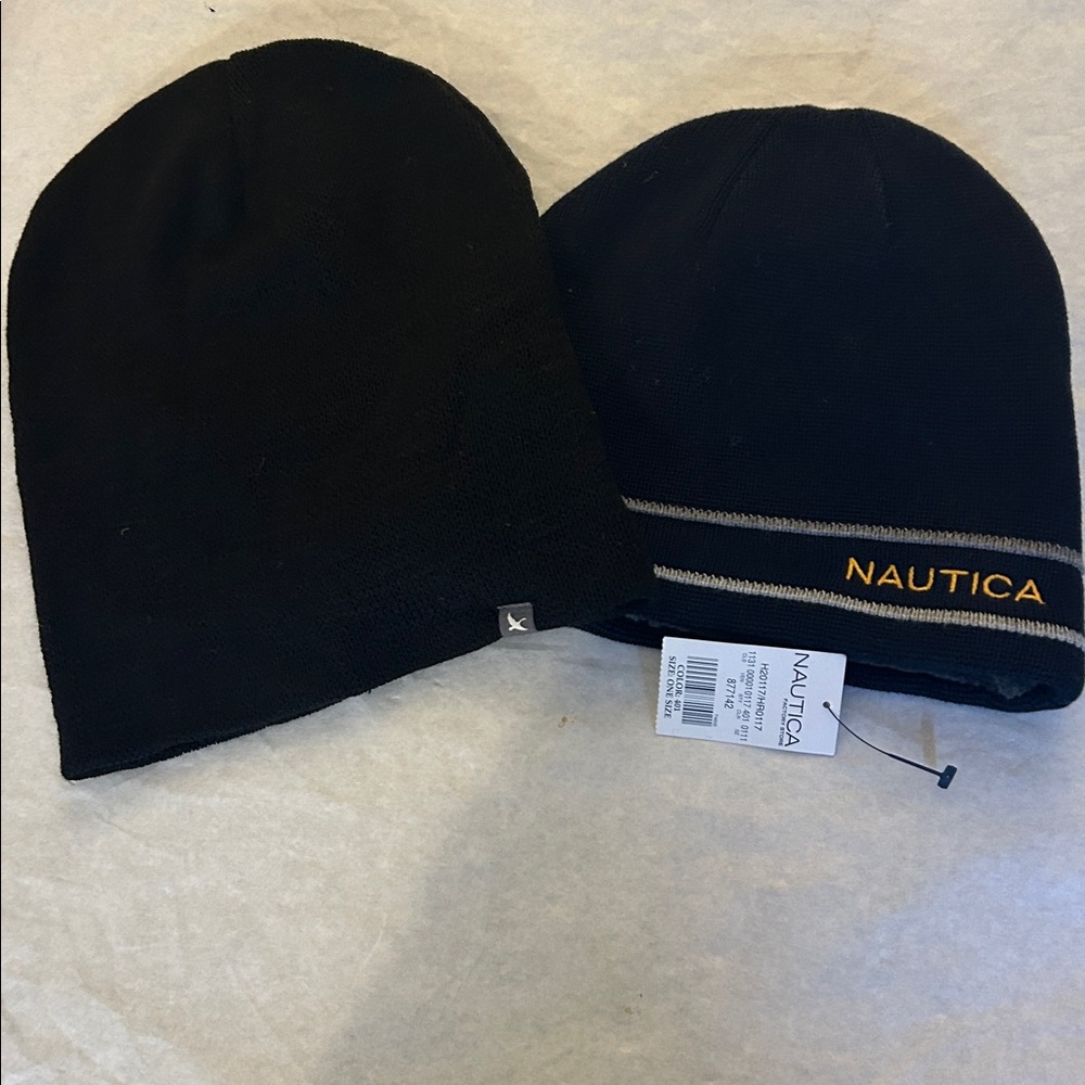 Nautica Blue Knit Beanie with Gray Trim Yellow Logo/Eddie Bauer black beanie